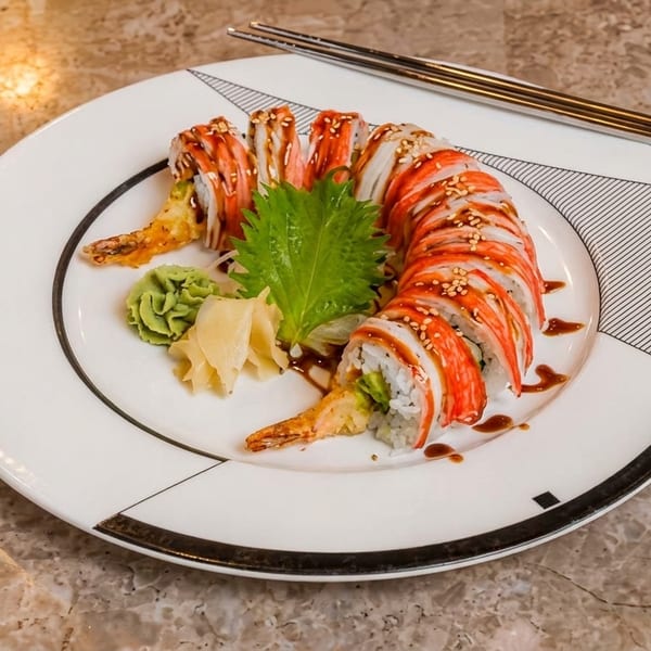 Artfully arranged dragon roll sushi with shrimp tempura, crab stick, wasabi, and ginger on a white plate.