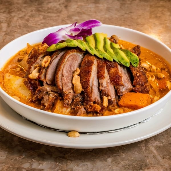 Sliced duck curry with avocado, peanuts, and an orchid garnish in a white bowl.